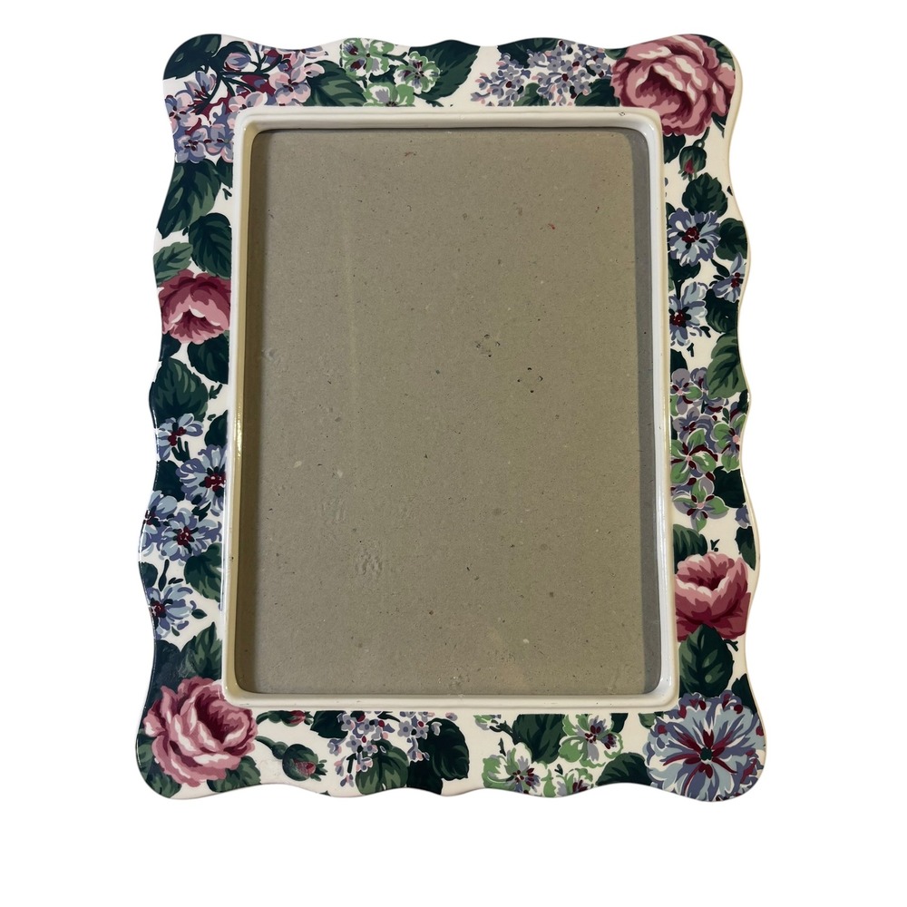 Vintage Floral Ceramic Picture Frame Scalloped Edge Pink Rose Chintz 12x10"